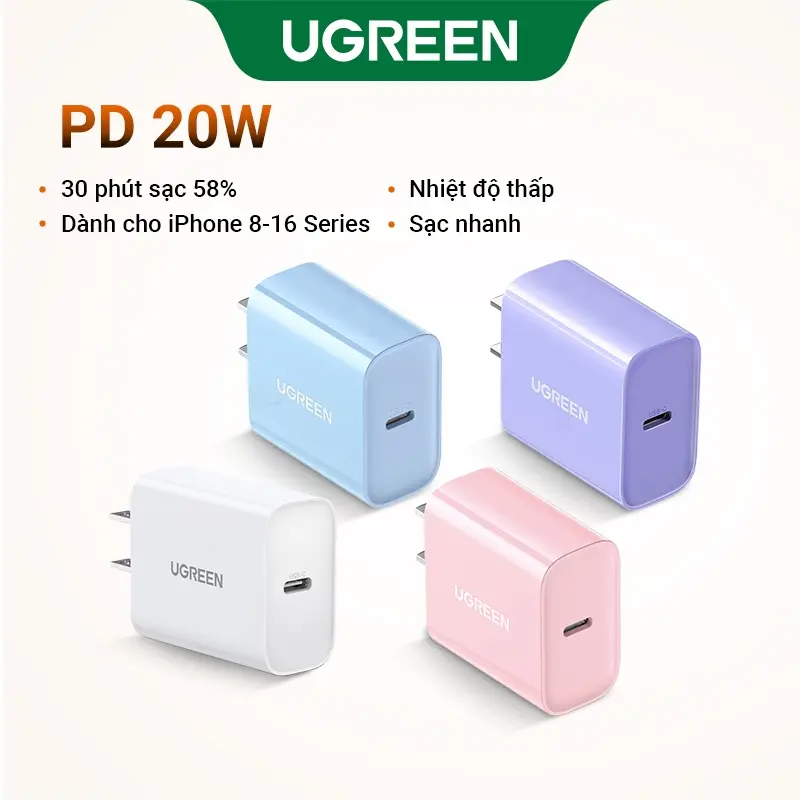 UGREEN PD 20W, Bộ sạc USB C, Bộ sạc nhanh, Bộ sạc tường USB-C, Bộ Chuyển Đổi nguồn, Tương thích với iPhone 16 / 15 Pro Max / iPhone 14 / 13 Pro Max / SE / 11, Pixel, Galaxy S21 / S20 / Note 10, iPad,Charger 60449