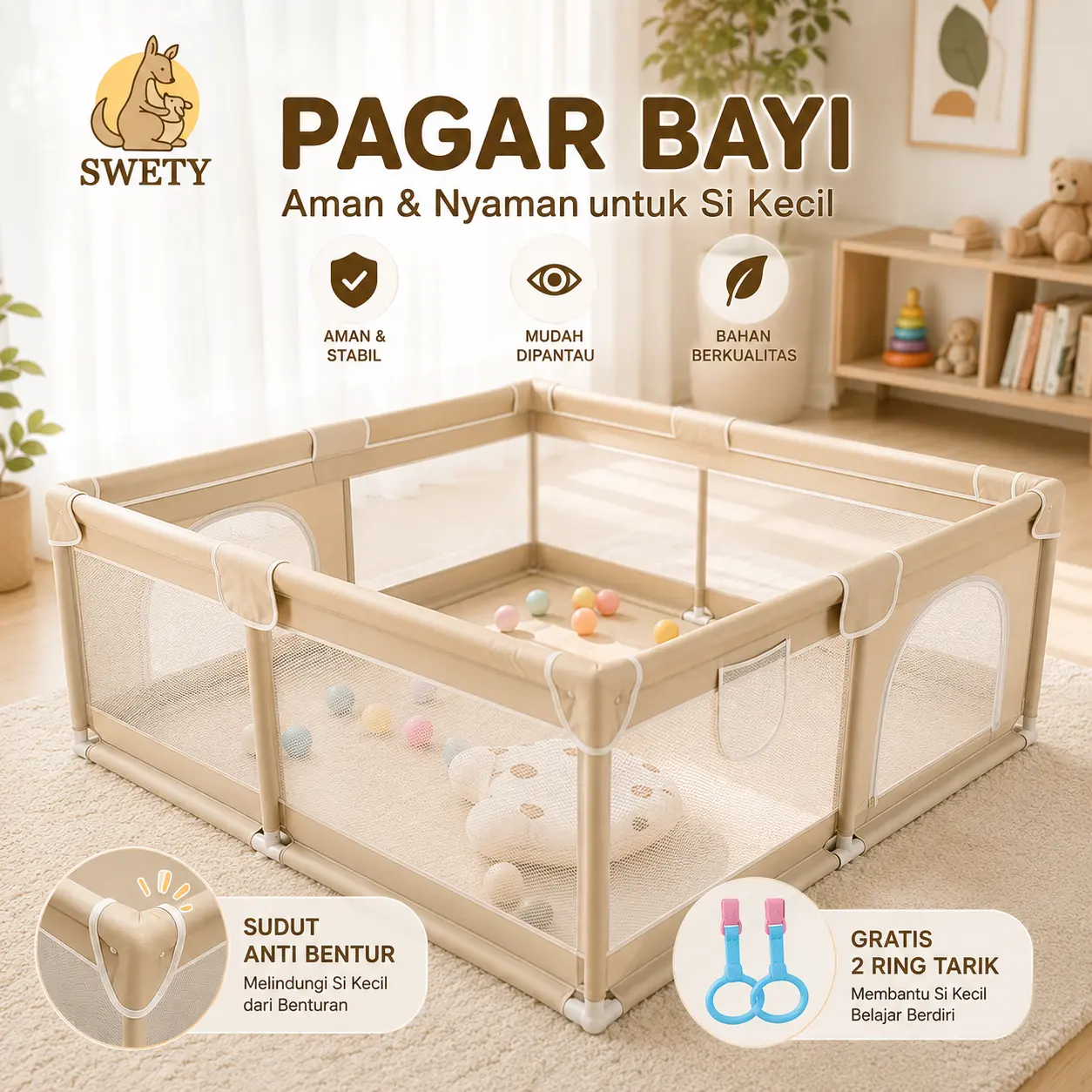 Baby  Fence pagar bayi rangka baja tahan karat pagar mainan anak Safety  Big Play Fence Bed Fence Anak-Anak lateks gratis