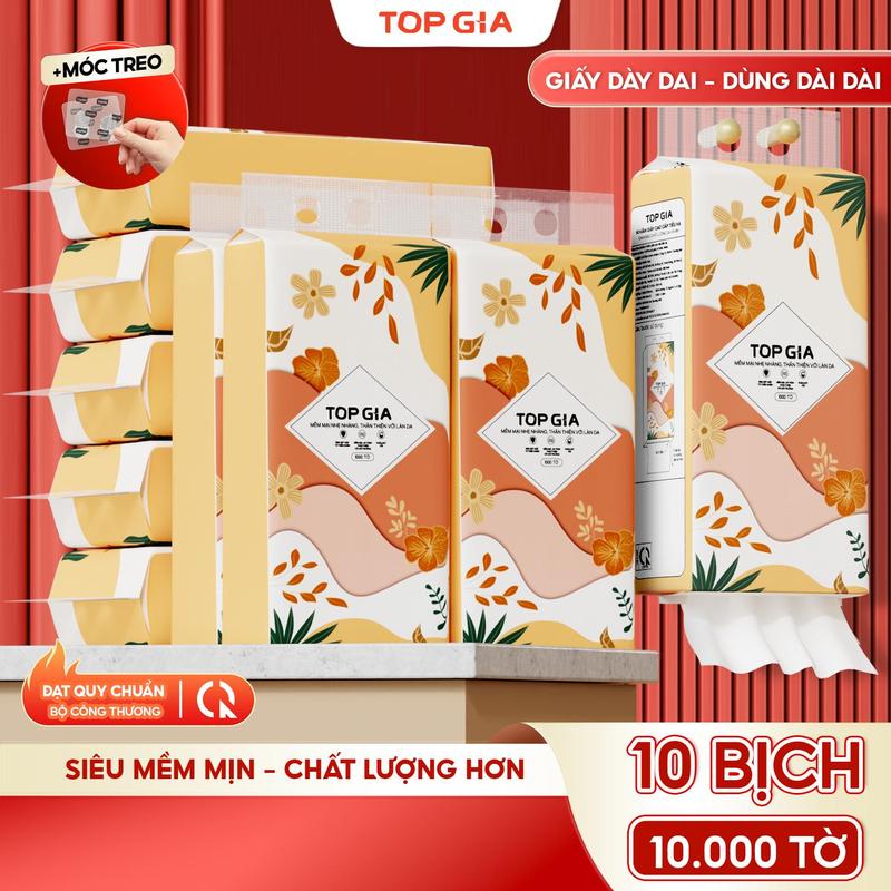   SIÊU MỀM MỊN - TIẾT KIỆM  DEAL Thùng 10 Bịch Khăn Giấy Tiểu Hạ TOP GIA 4 Lớp Mềm Mịn Thành Phần Bột Gỗ Tự Nhiên Thân Thiện An Toàn Khăn Giấy Vệ Sinh 1000 tờ Tặng 3 móc treo Giấy Vệ Sinh giấy rút đa năng treo tườngĐẠT QUY CHUẨN CỦA BỘ CÔNG THƯƠNG VTG86 