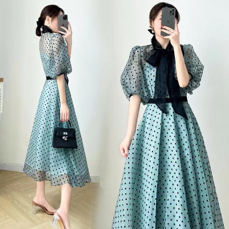 Product Introduction of 2023 Versi Korea Baru dari Gaun Polidar Lengan Polidar/Busur Angkung Rok Tanah Casual Sifon Satin Wanita Panjang Hitam Dress Pendek Midi Retro 16