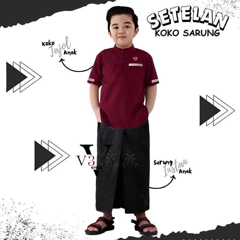 Setelan Koko Sarung Instan Anak Laki-Laki Usia 3-12 Tahun - set Baju Muslim Anak Pendek 4