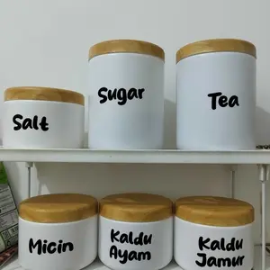 Toples Bumbu Estetik Warna Kayu Natural Anti Air 1000 ml 500 ml Motif Kayu Jati Stiker Vynil Bertekstur Food Grade Free Sendok Kayu