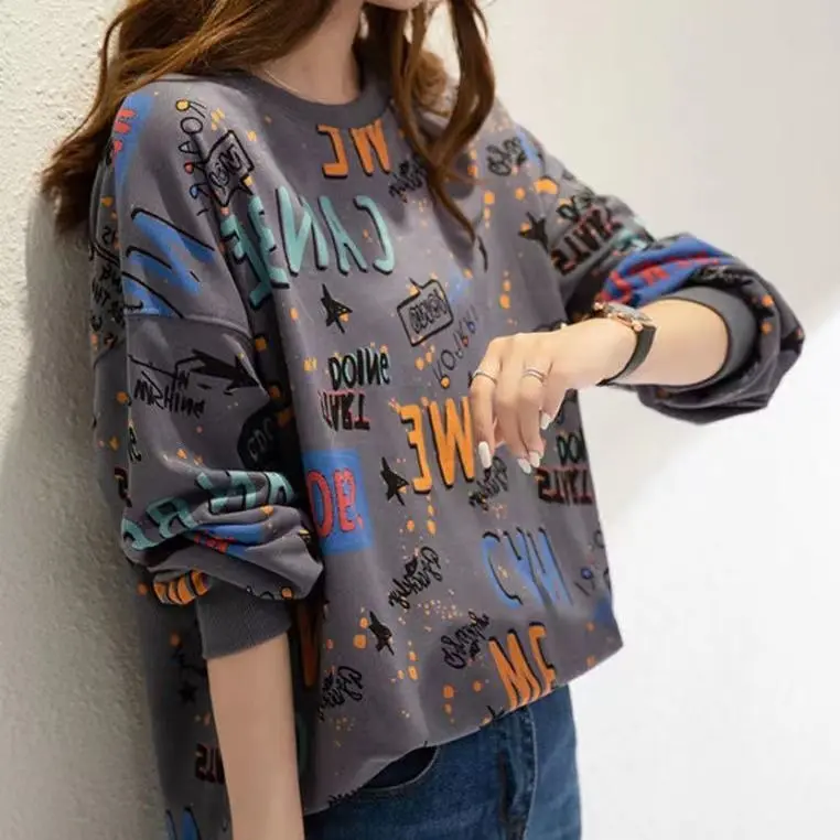 Plus-Sized plus Size Women's Sweater Loose Korean Spring and Autumn Clothing New Long Sleeve T-shirt Slimming Youthful-Looking Top Fashion
