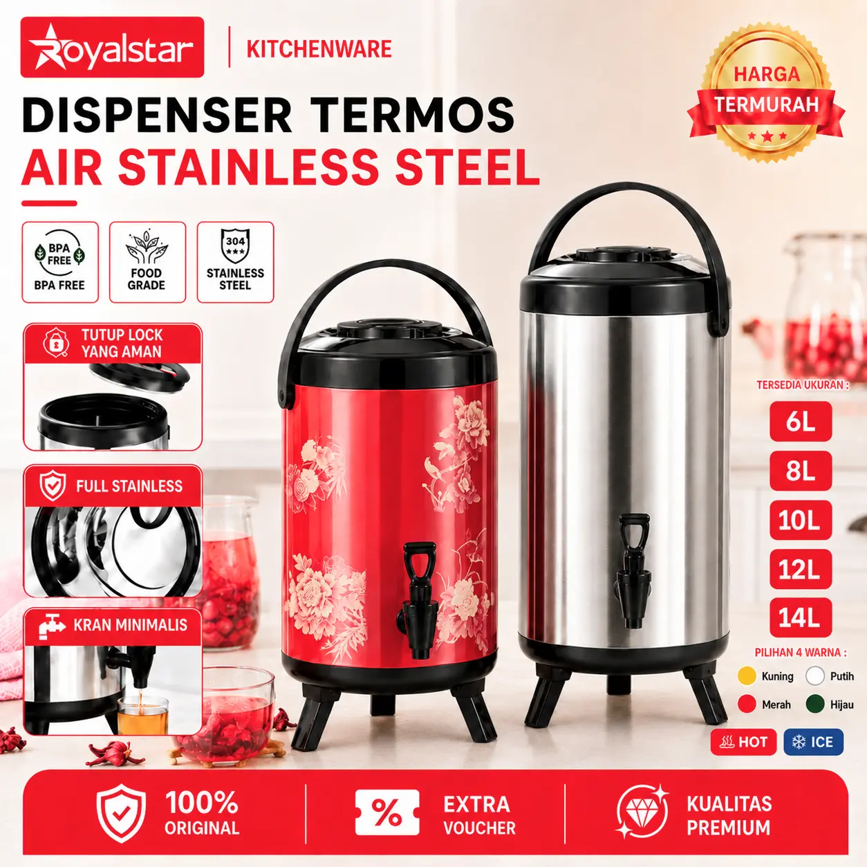 [9.9 SALE] Royalstar Dispenser Termos Milk Tea Dengan Kran Stainless Steel Anti Karat Untuk Panas dan Dingin 6 8 10 12 14 Liter Termos Teh Kopi Water Bucket Premium Quality Kitchenware COD