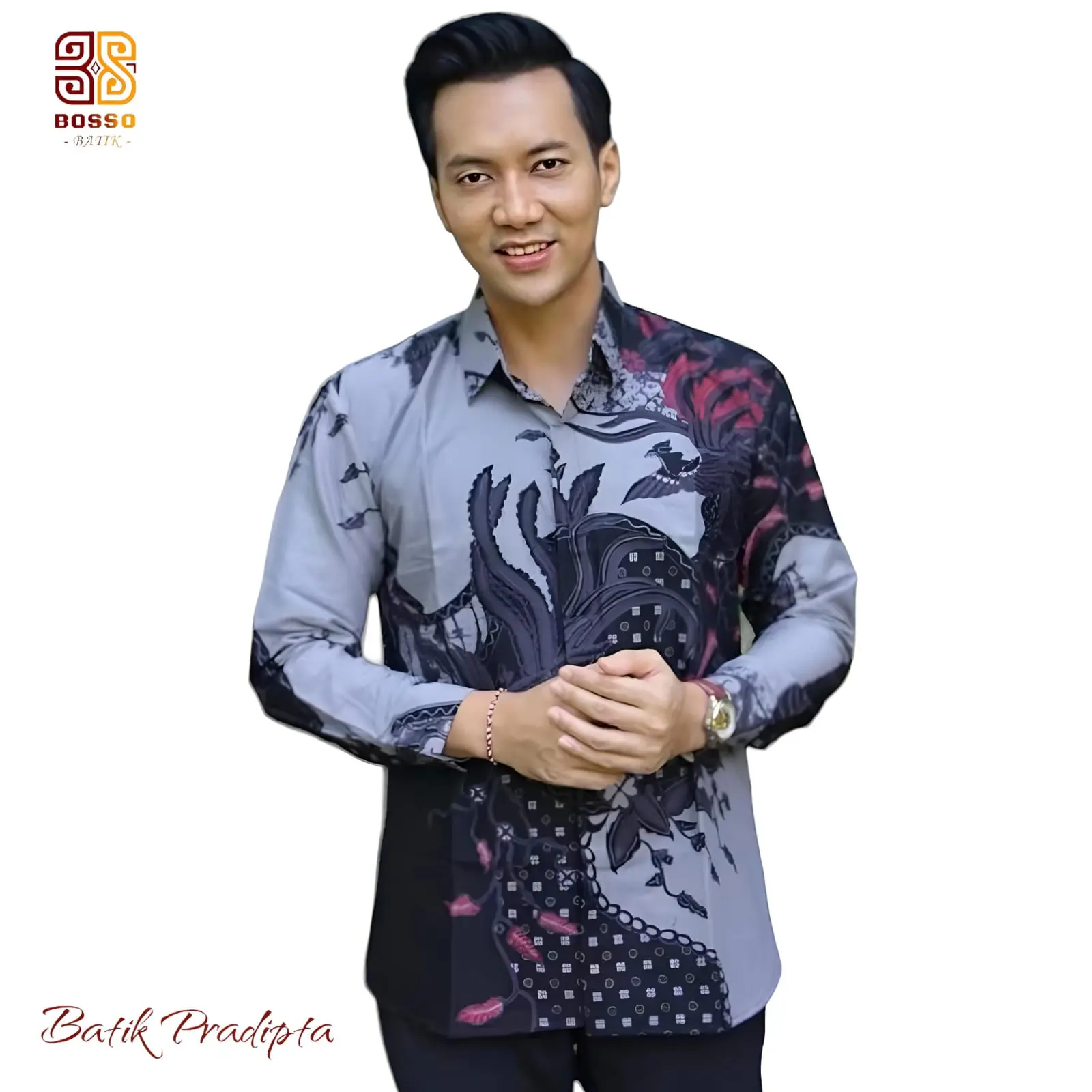 Pradipta - Kemeja batik Boso Batik Baju Katun Hitam Kain Formal Jeans Merah Nyaman Pria Kombinasi Panjang