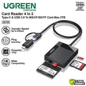 UGREEN 40755 Card Reader 2 in 1 Type C USB 3.0 to SD Card MicroSD TF CF MS Duo Pro Micro SDHC SDXC MMC Memory Stick