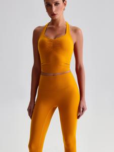 THESISIQUEEN Top de Yoga Amarillo con Escote en V y Diseño Fruncido Espalda Cruzada Forro de Malla Separado y Costuras Esculpidas