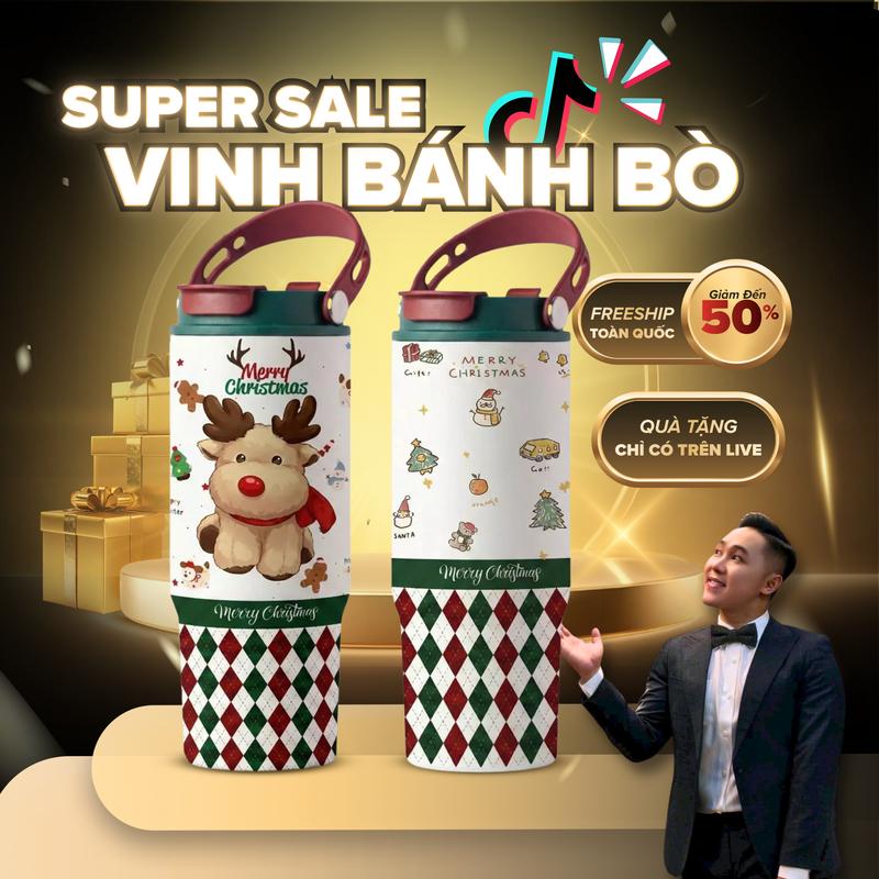   FanHouse x Vinhbanhbo  Set Quà Noel Ly giữ nhiệt Lucky 710ml inox 316 cao cấp Fan House cốc giữ nhiệt có ống hút quai xách 