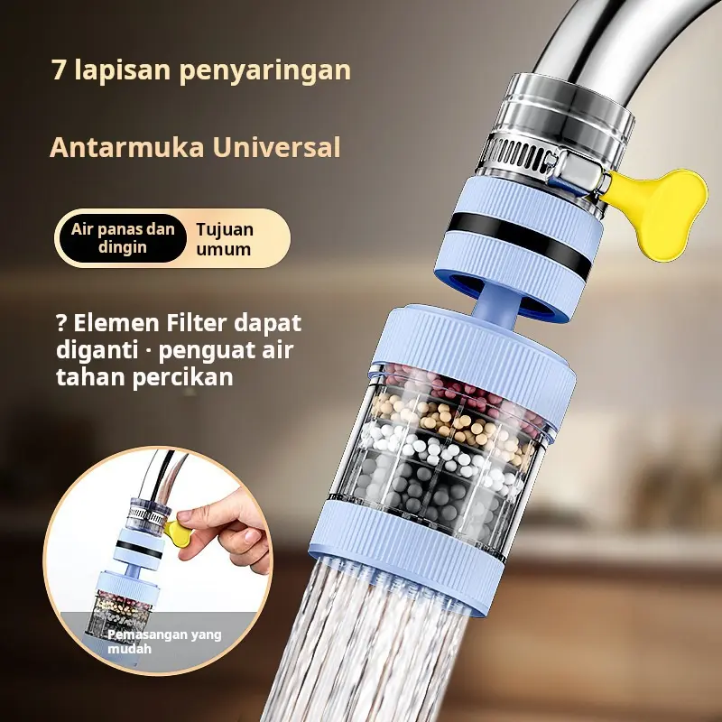 Filter keran serbaguna model terbaru dengan pancuran anti-percikan, penyaring air enam lapis, cocok untuk dapur rumah tangga, dapat dibongkar dan dicuci