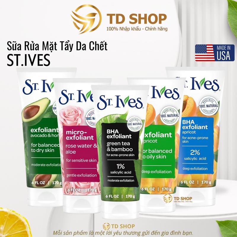 NK Mỹ Thái Sữa rửa mặt tẩy tế bào chết St.Ives 170g Trà xanh | Yến mạch | Bơ mật ong | Coffee dừa | Hoa hồng | Mơ ngừa mụn - TD Shop