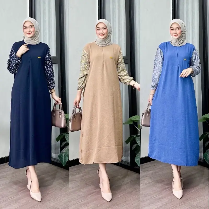 Paket Daster 3 Pcs  Gamis Crinkle Airflow Ld 120 Pb 130 Kombinasi Lengan Motif 1