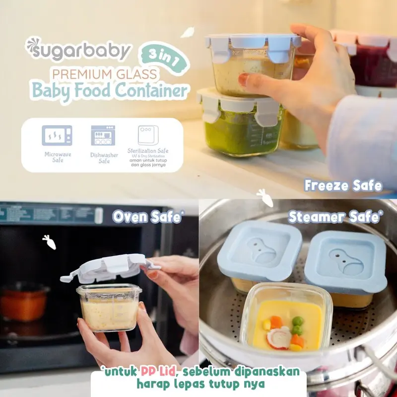 SUGARBABY Premium Glass Jar Baby Food Container 3 pcs BPA FREE | SugarBaby Peralatan Makan Bayi MPASI | Sugar Baby Wadah Mangkok Bayi Silicone Lid & Plastic Lid 3