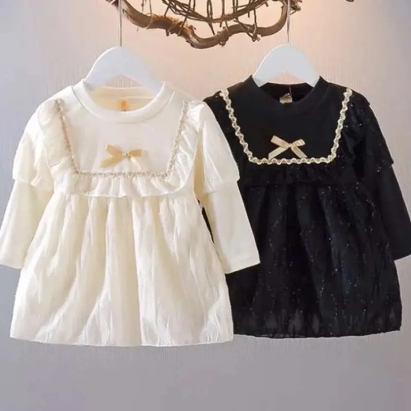 Gaun Pesta Anak Perempuan Elegant Tangan Panjang dengan Aksesoris Pita dan Glitter untuk Usia 1-5 Tahun - Fashion 1