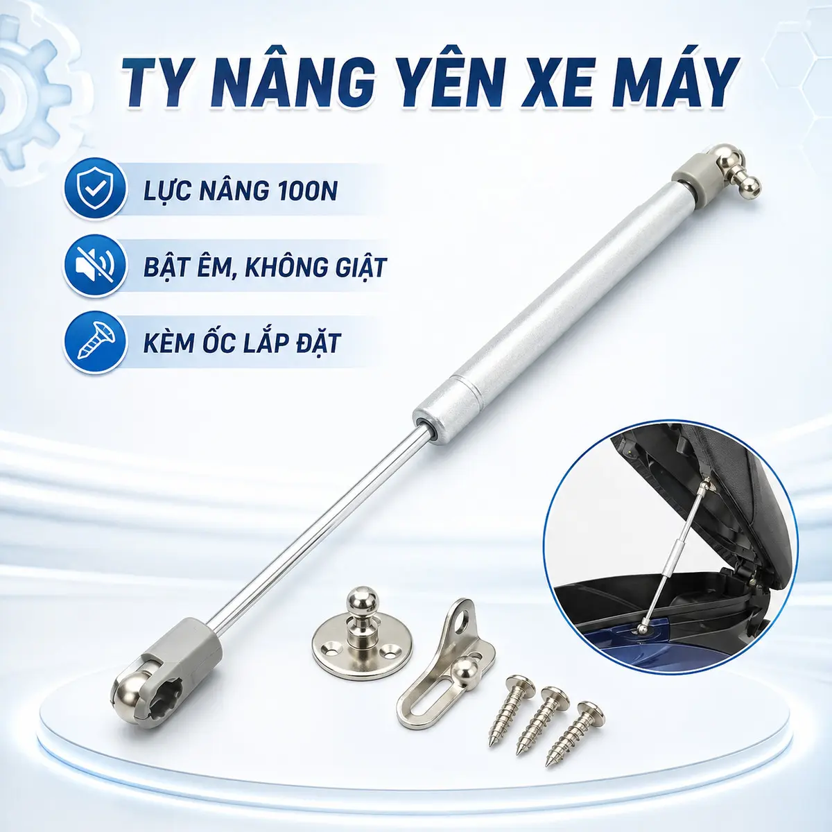 Cây Ben Hơi Trợ Lực Nâng Yên Xe Máy 100N Dài 27cm, Ty Xylanh Chống Cửa Tủ Kèm Pát Và Ốc Lắp