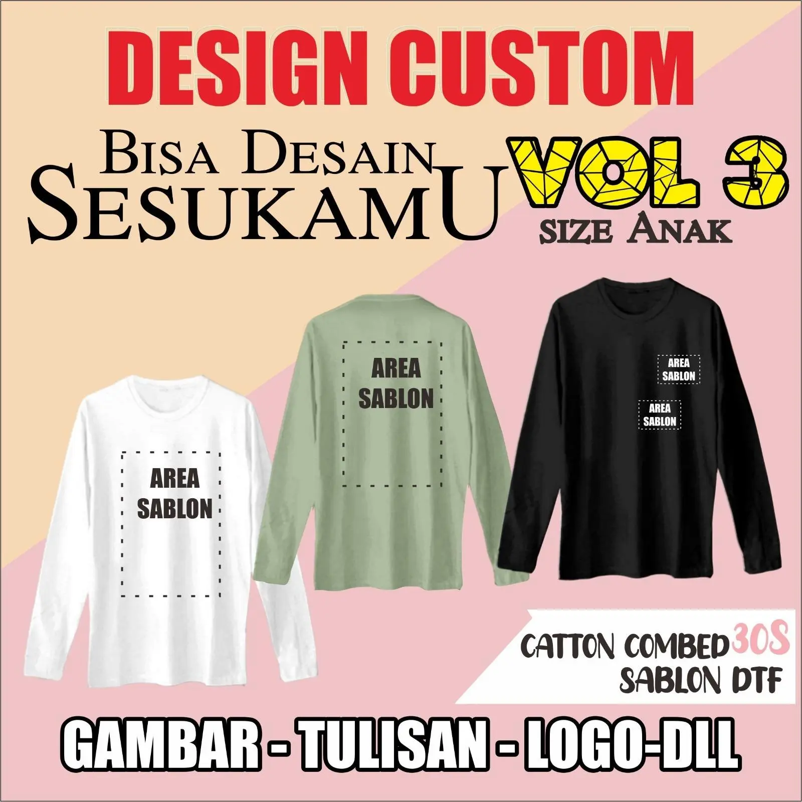 Kaos Sablon Custom Premium Lengan Panjang Anak Bahan Katun Combad 30s