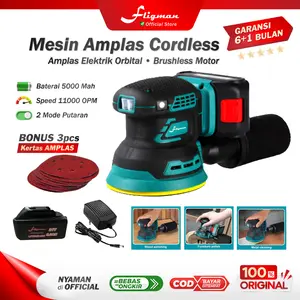 FLIGMAN Mesin Amplas Baterai 21V 4000mAh – Orbital Sander 5” – 3 Speed 7000/9500/11000 OPM – Polisher/Waxing