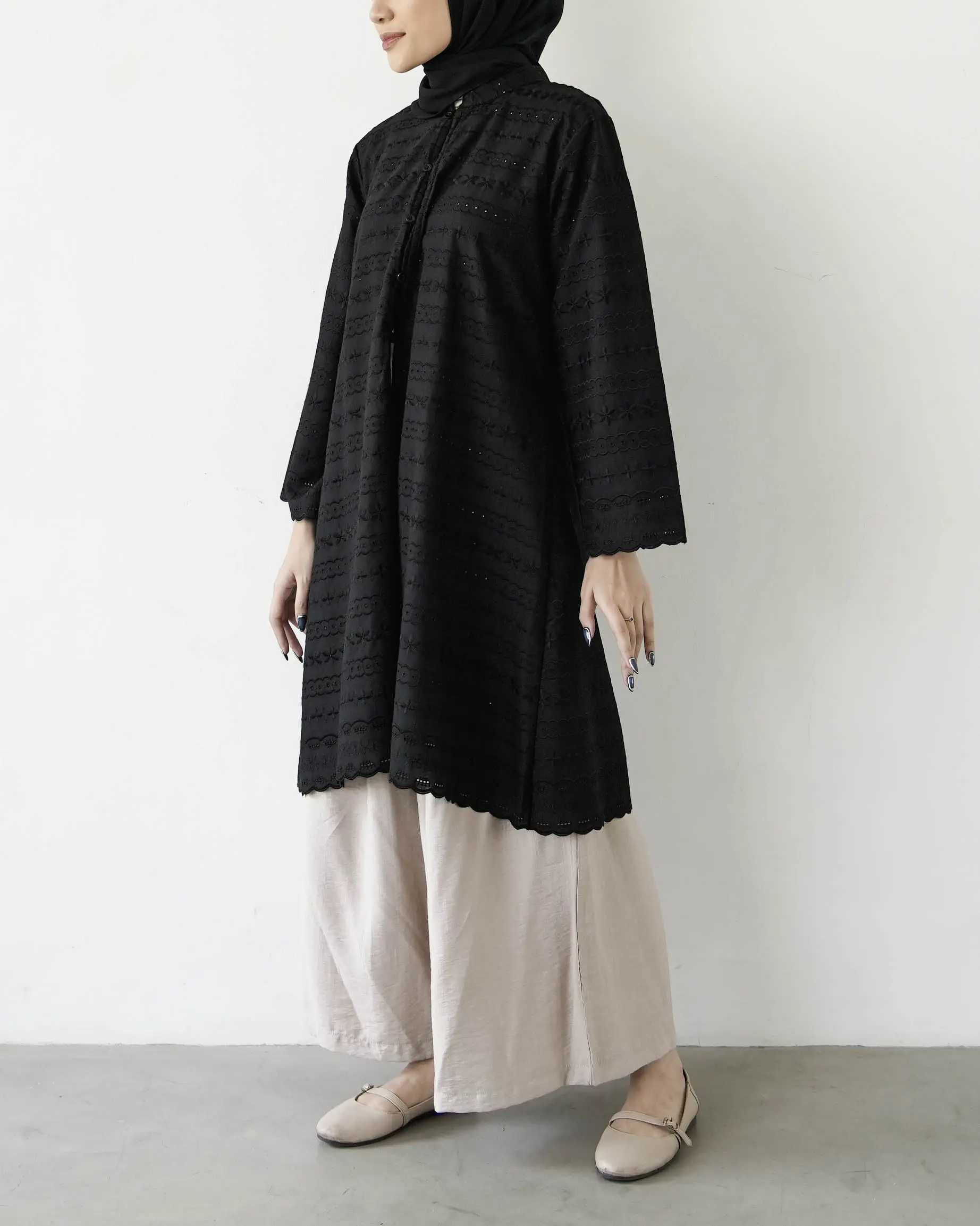 MISTYVORI | Nirmala Tunik Bahan Cotton Embroidery Kancing Kerah Motif Muslim Atasan Wanita Panjang Katun  Variasi