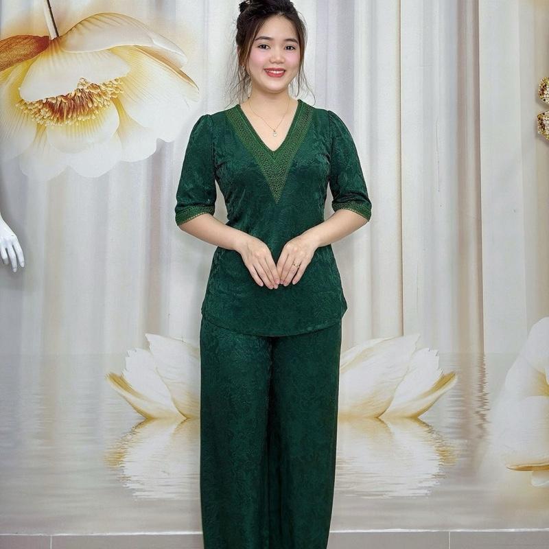 B57 Đồ bộ bông thun gấm nữ trung niên thiết kế cổ tim ren, tay lỡ quần ống suông thương hiệu Hải Sơn women