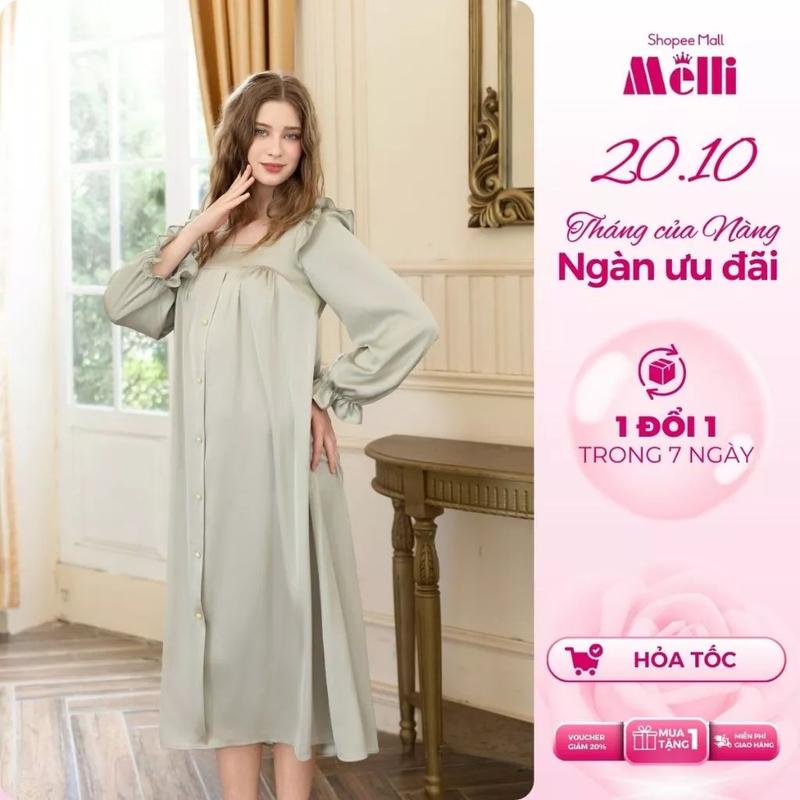 [ V13 ] Váy Ngủ Nữ Melli Cổ Vuông Tay Dài, Đầm Ngủ Dài Tay Form Suông Dài Vải Latin Cao Cấp Che Khuyết Điểm Tốt