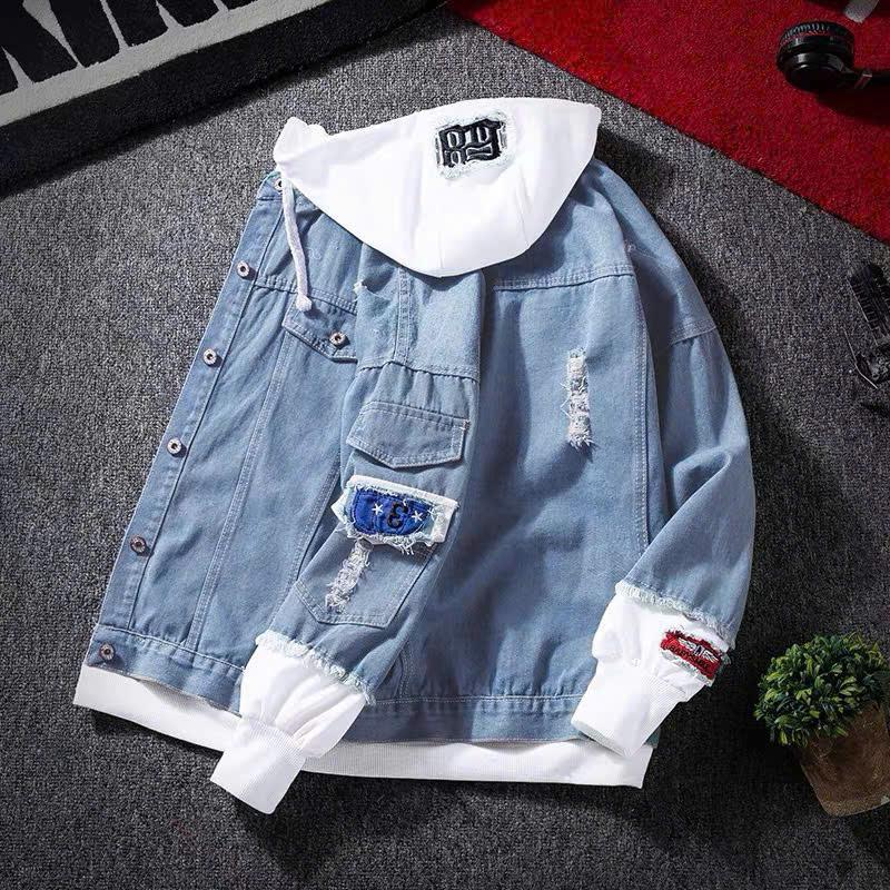 JEAGOVN Áo Khoác Jeans Màu Xanh Có Mũ Màu Trắng Dành Cho Nam Nữ