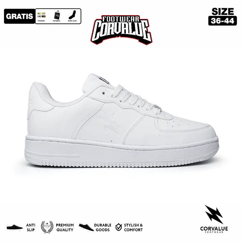 Sepatu Corvalue - Sepatu Sneakers Kasual Pria Wanita002 Hiratsuka Full white Casual Shoes Sneakers putih Kerja