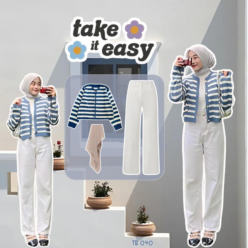 SET Baju Wanita Korean Style Atasan Cardigan Stripe Biru, Celana Scuba, dan Hijab Bella Square TB 040 1