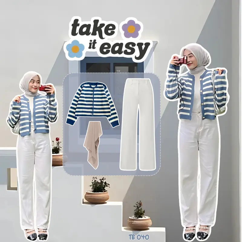 SET Baju Wanita Korean Style Atasan Cardigan Stripe Biru, Celana Scuba, dan Hijab Bella Square TB 040 0