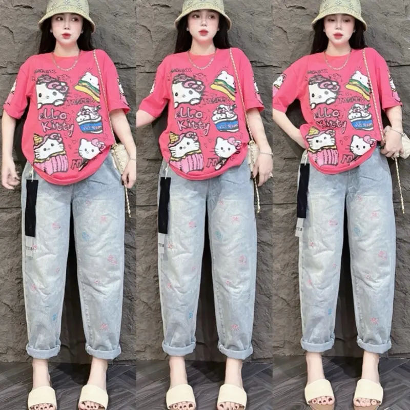 Set bộ jean dài baggy mèo kity quần thêu from rộng áo siêu cấp cotton tay ngắn cổ tròn quần cotton mềm lưng thun co giản Women