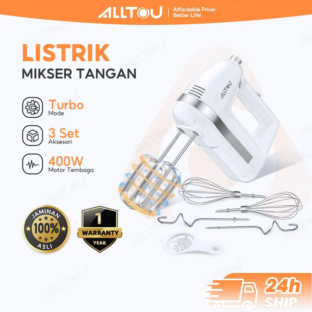 ALLTOU 400W Hand Mixer Turbo 5 Kecepatan - Motor Tembaga Stainless Steel, Untuk Kue Ketupat，Gratis 6 Aksesori, untuk Pengocok Putih Telur & Daging Cincang , kraft paper box
