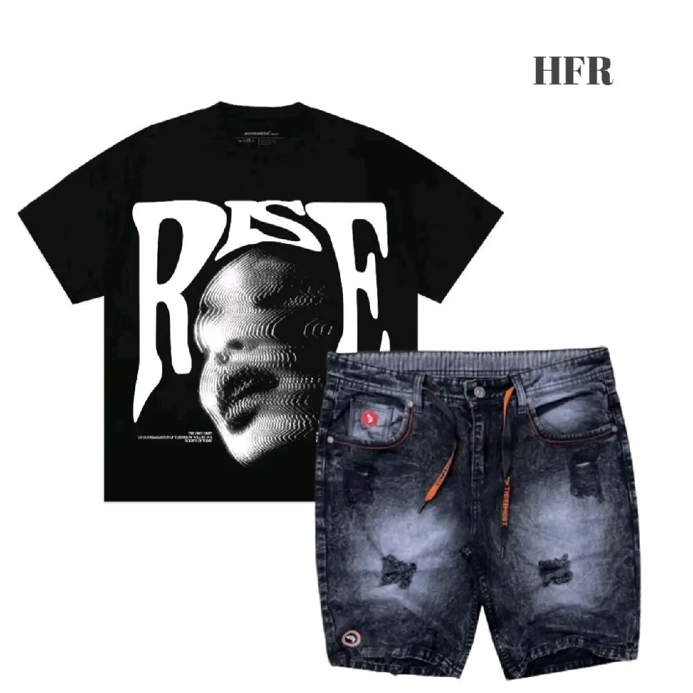 Promo Setelan kaos distro murah motif RISE dan celana jeans sobek pendek dewasa
