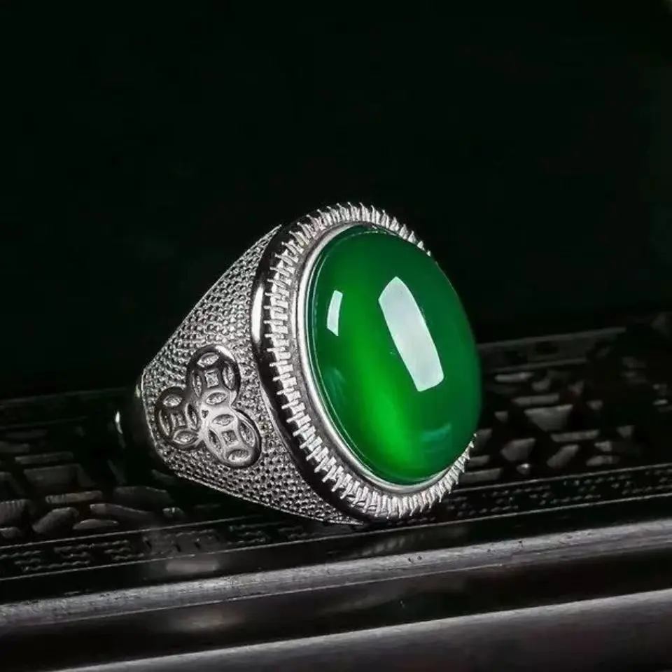 jade ring  Imitation chalcedony men's ring emerald men's ring silver-plated agate ring live ice emerald alloy ring