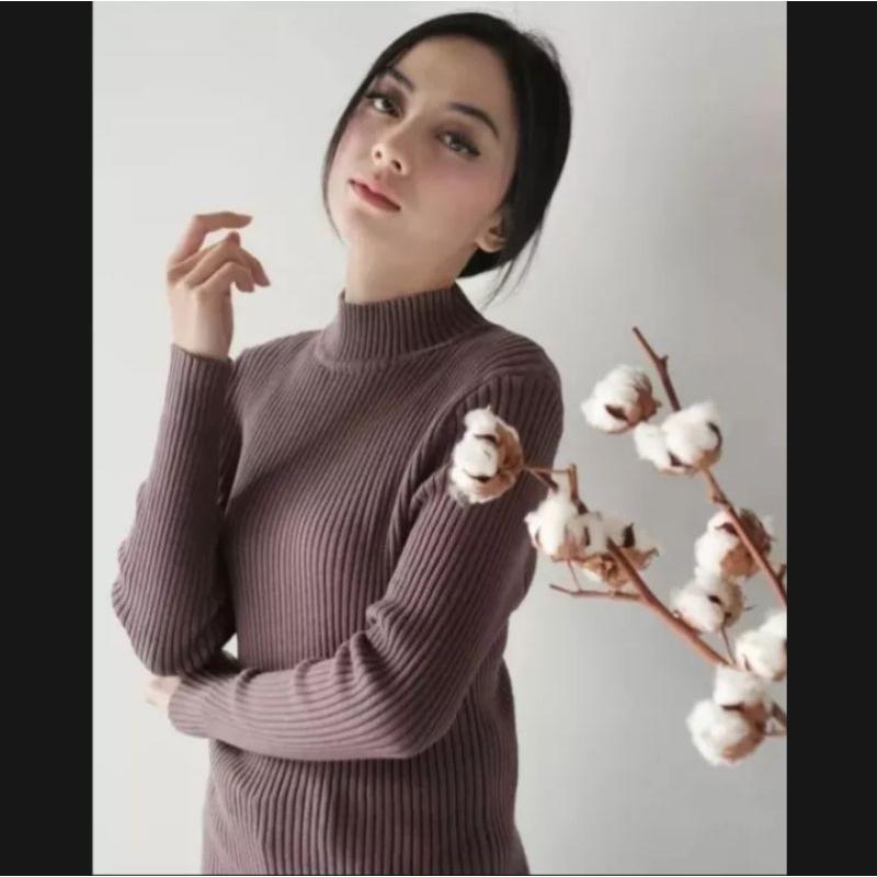 Inner turtleneck rajut atasan rajut wanita muslim Garis Panjang Santai Knitwear Hitam Outer Cardigan Top Baju Basic Crop zelda  crop inner  garis Kardigan Baju Daleman 3