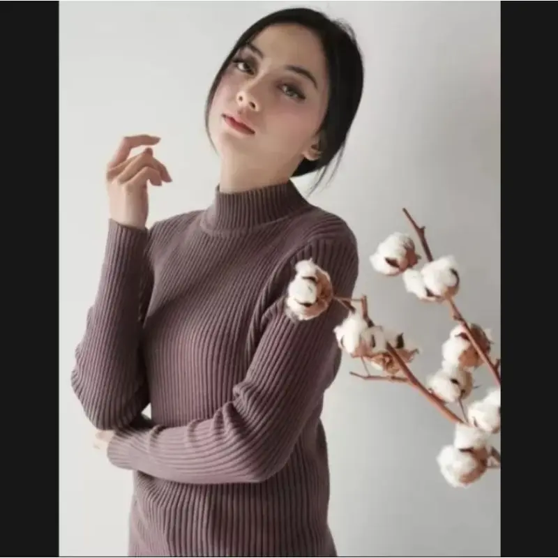 Inner turtleneck rajut atasan rajut wanita muslim Garis Panjang Santai Knitwear Hitam Outer Cardigan Top Baju Basic Crop zelda  crop inner  garis Kardigan Baju Daleman 3