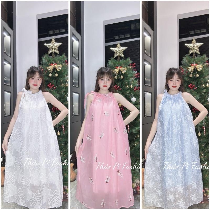 Váy cách tân mặc tết váy cổ yếm cột nơ vai hoa thêu sang trọng thanh lịch - váy cách tân