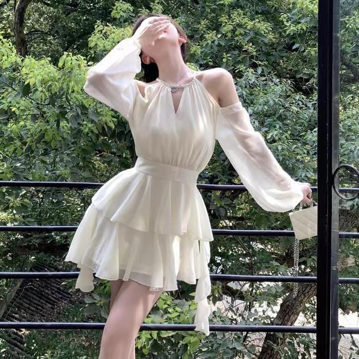 Váy Ngắn, Phong Cách Ngọt Ngào Đơn Giản, Màu Mơ Pháp, Dài Tay, Thích Hợp Cho Kỳ Nghỉ, Mùa Hè, Mỏng Vừa Vặn, Siêu Thanh Lịch, Váy Bánh Xếp Nhún, Phong Cách Hàng Ngày Nữ Women đầm  trắng váy  liền 3
