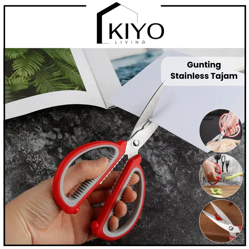 KIYO Gunting Serbaguna Multifungsi Stainless Tajam Kokoh Soft Grip Gagang Empuk Anti Karat Good Quality / Gunting Dapur MultiFungsi Stainless Steel / Gunting Ikan Ayam Daging Sayur Gagang Karet Anti Karat / Gunting Dapur Kantor Kertas Serbaguna