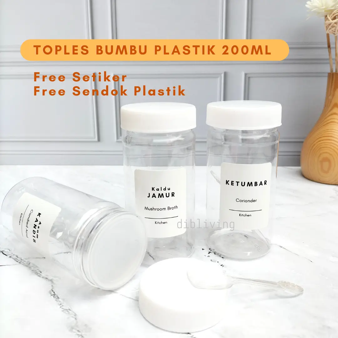 DIBLIVING. Toples Bumbu dapur 200ML PLASTIK Free Setiker PUTIH VINYL & Sendok Plastik | TOPLES TINGGI
