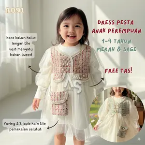 [GRATIS TAS - BISA COD] Dress anak perempuan Import PINK HIJAU 1-4 Tahun - Bahan Tweed Katun Tutu Lembut- ALAFASTORE A091