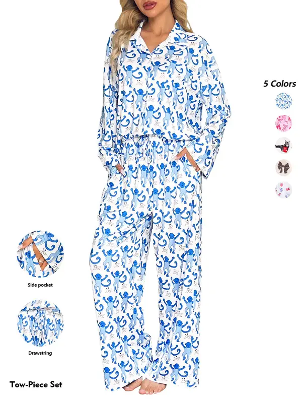 Women's All Over Print Lapel Neck Pajama Two-piece Set, Long Sleeve Button Top & Pants PJ Set, Casual Comfy Pyjama Set for Women, Loungewear 7