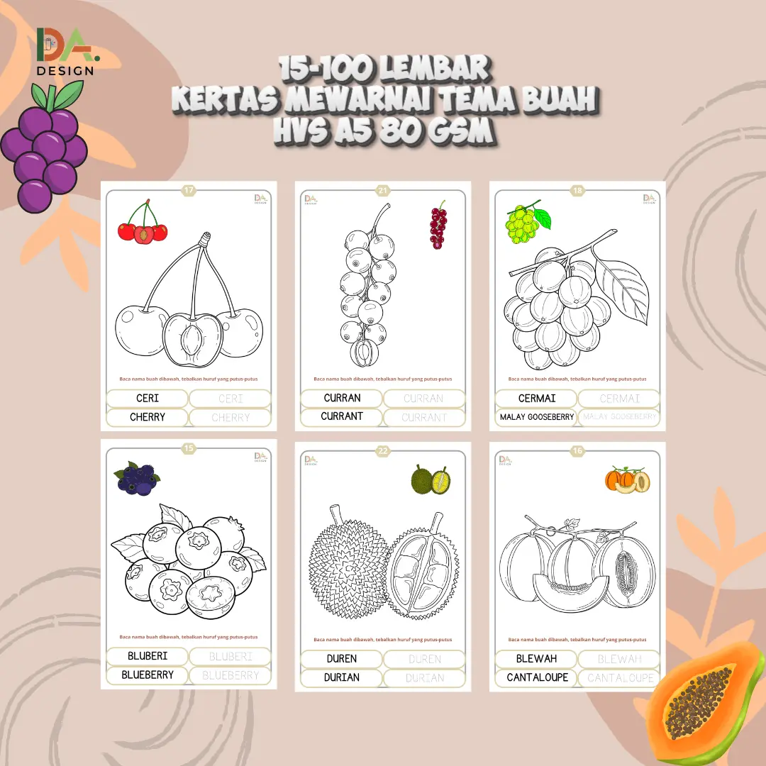 15 - 100 Lembar Mewarnai Seri Buah-Buahan | Bahan HVS A5 80 Gram | Untuk Anak TK/PAUD SD