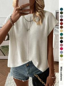 Suéter pulóver plano para mujer, top de punto casual con manga corta y cuello redondo para el verano, prenda de punto femenina a la moda para uso diario