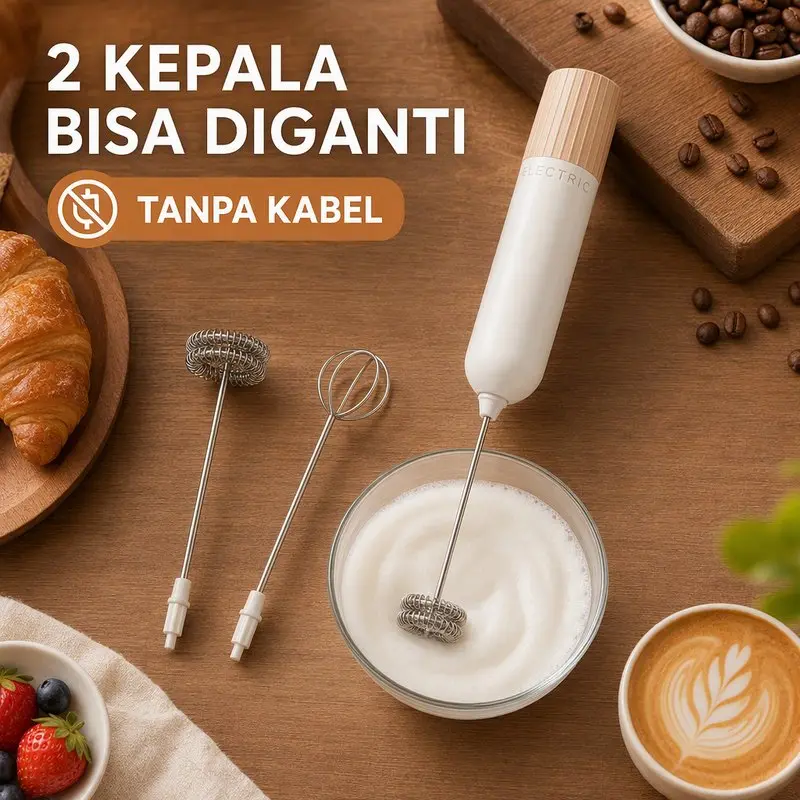 Pengocok Telur Elektrik Nirkabel 2in1 Hand Mixer Mini Milk Frother Kepala Ganda Operasi 1 Tombol Bisa Berdiri Sendiri Untuk Kopi Susu Baking Bubur Bayi 28 CM