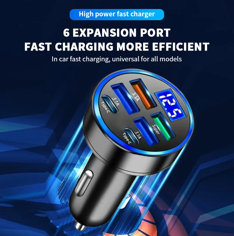 Adaptor mobil port 6-in-1 (USB+PD(TYPE-C)) konverter pengisi daya cepat tampilan LED cocok untuk ponsel Android Apple dan perangkat elektronik mobil