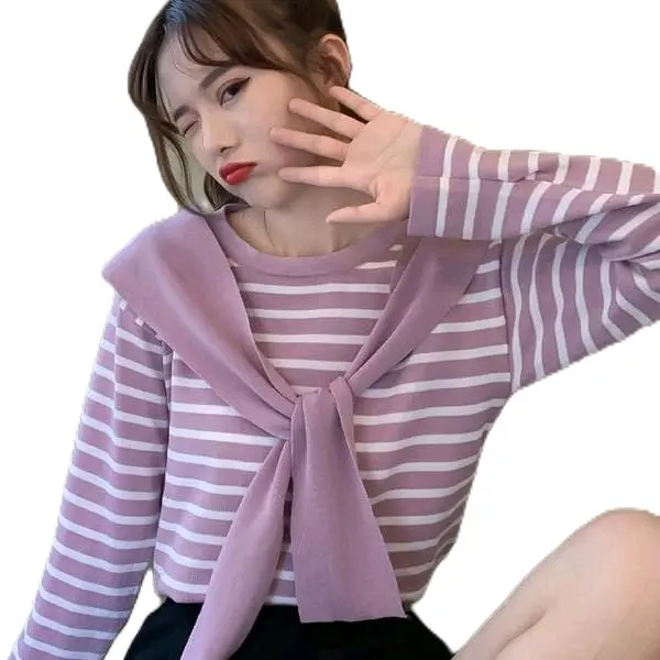 lyly atasan baju rajut blus dasi Panjang Tebal Lily   Stripe Lembut