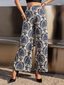 Pantalones largos de primavera/verano, cintura alta, con cremallera, estampado floral elegante de enredadera, pierna ancha, no elásticos, estilo moderno