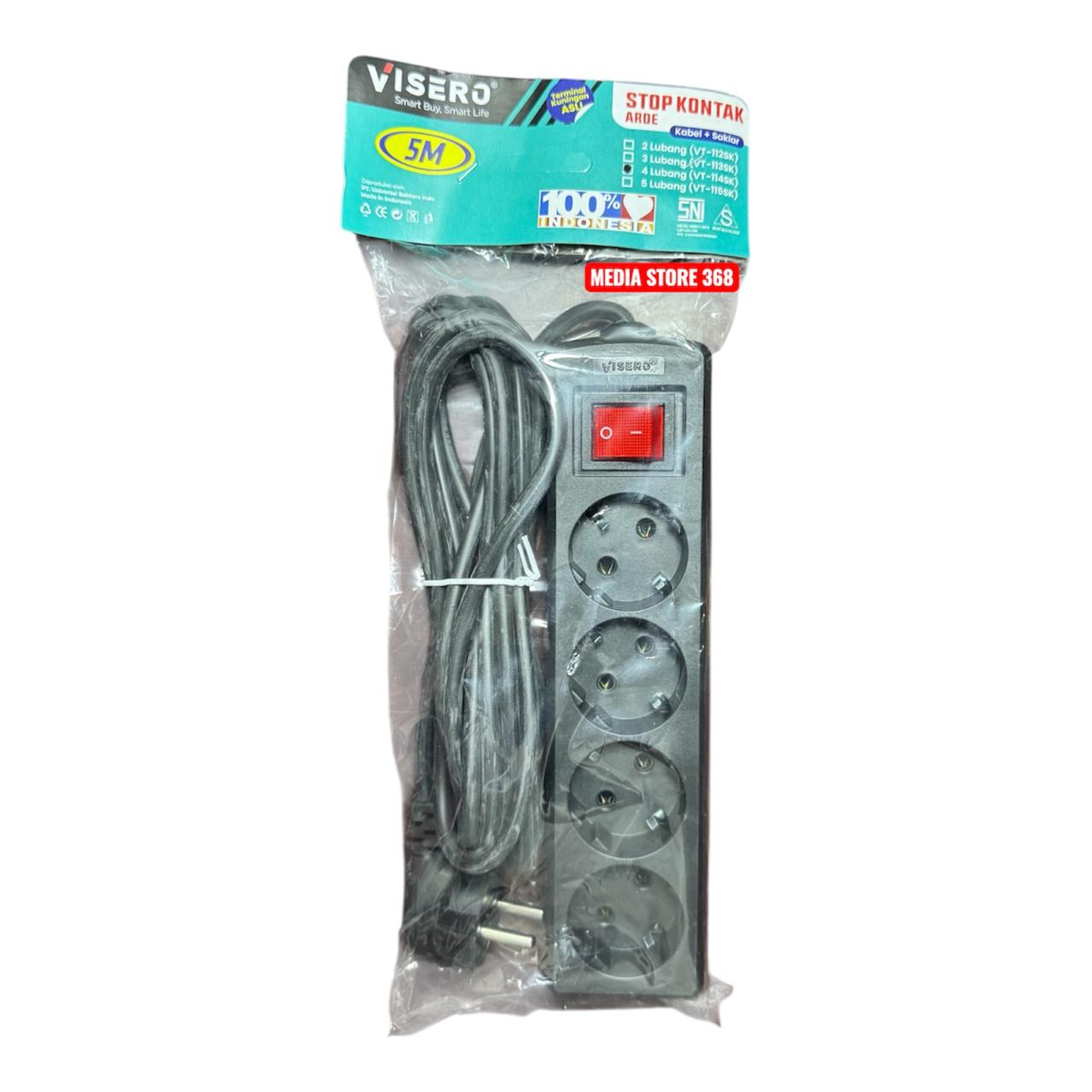 VISERO Stop Kontak/Terminal 5 Lubang Body HITAM Kabel 10M dengan Switch On/Off SNI Kabel Asli Tembaga Tahan Panas Kuat Tahan Lama