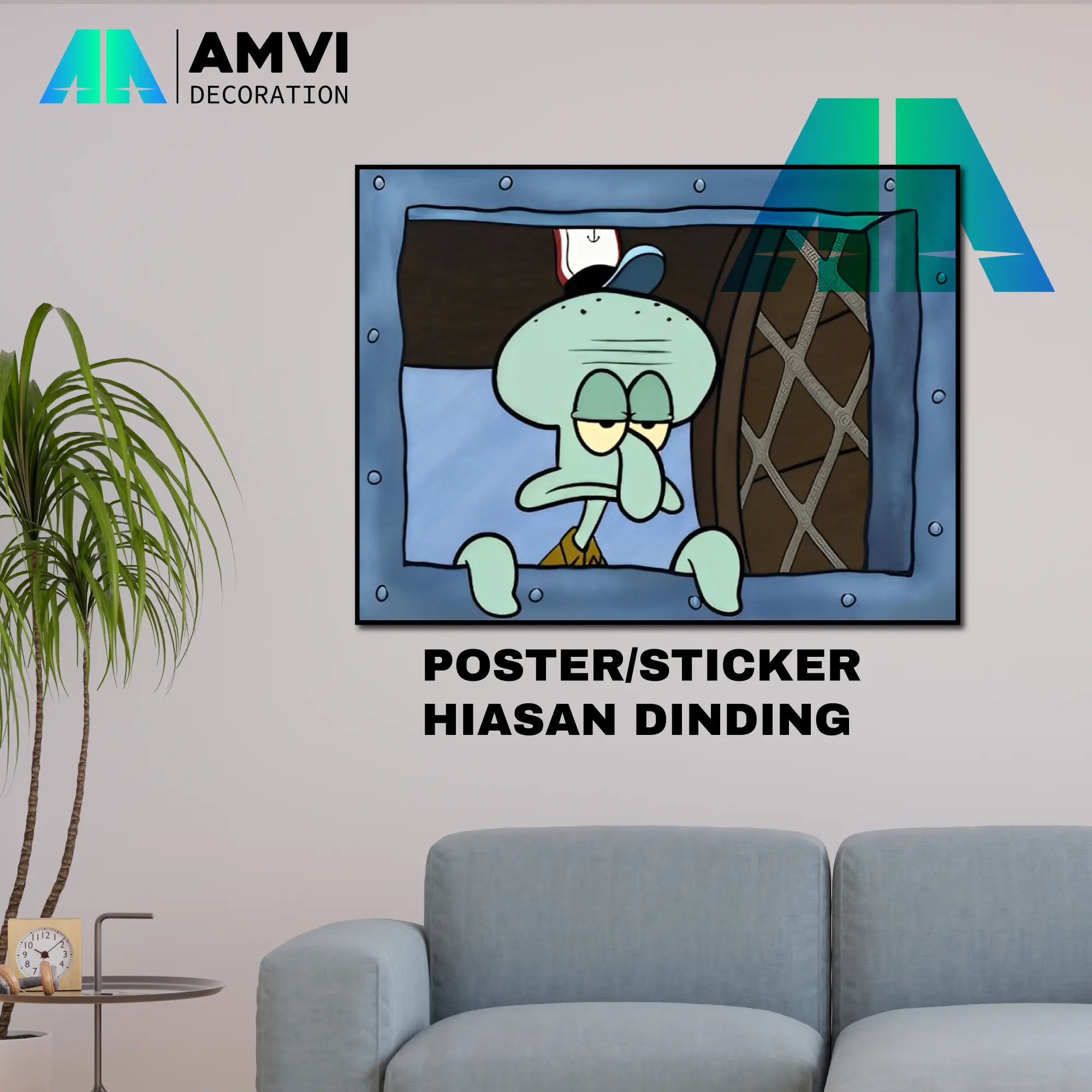 poster & produk cetak Poster Jendela Krusty Krabb Squidward Sedang Melihat Spongebob Dengan Muka Malas | Hiasan Dinding Aesthetic AMVI kamar tidur seni moder