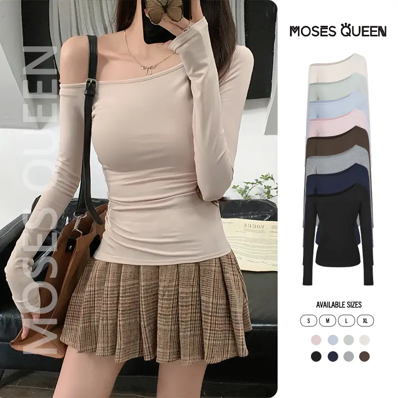MosesQueen fashion long-sleeved solid color shirt, 2025 spring Vietnam store new casual design large round neck, women's simple and easy to match thin shirt, sexy slim women's tops #62269-62318