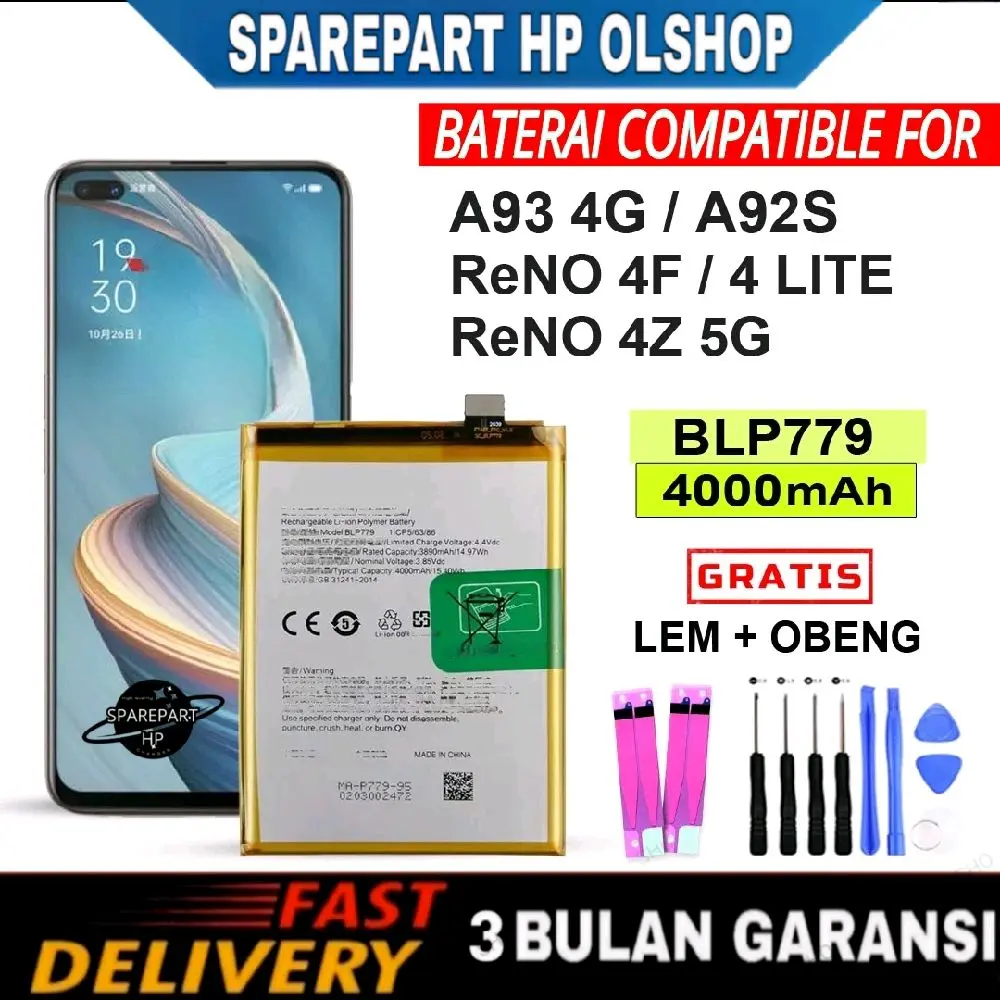 BATERAI Comapatible for Oppo A93 4G / A92S / Reno 4F / 4 LITE / Reno 4Z 5G / BLP779  BERGARANSI - A92 4G Battery batre batrai