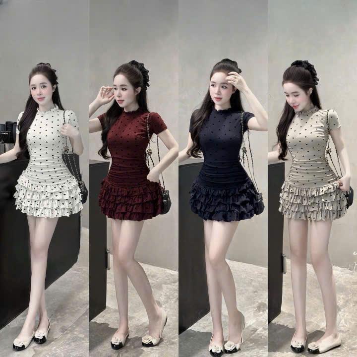 Đầm váy nữ chất thun qc chấm bi ngắn tay cổ tròn phối bèo tùng váy tầng ngắn siêu xinh kèm quần rời dành cho các nàng diện đi chơi đi tiệc.